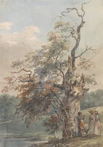 Paysage avec un homme jouant de la flûte sous un vieil arbre